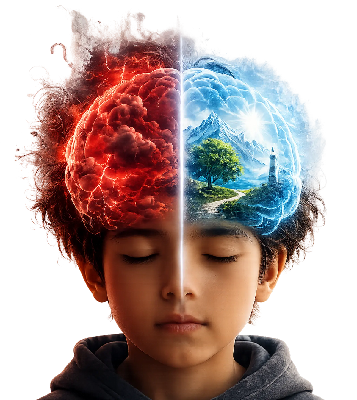 Editorial portrait of a child with a conceptual split of warm and cool light